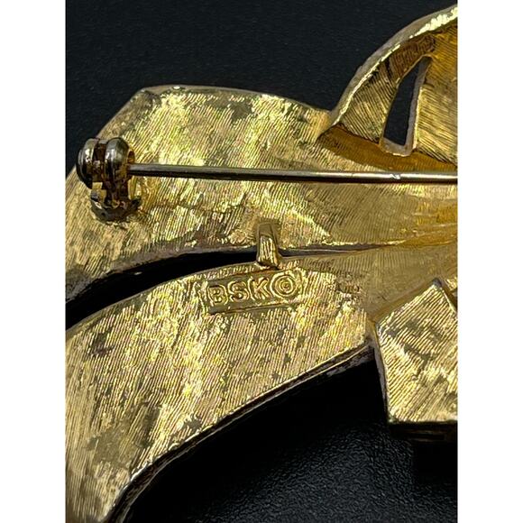 BSK Vintage Gold Tone Orange Yellow Enameled Flower Rhinestone Encrusted Brooch - Picture 8 of 13